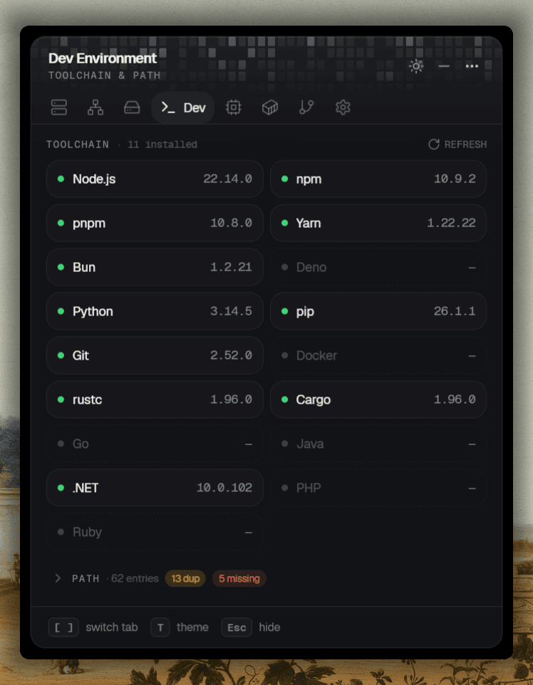 Tray Stack popover — the Dev Environment tab, showing installed toolchains and PATH analysis