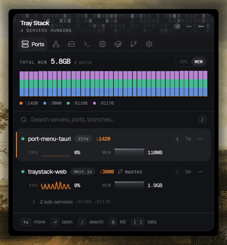 Tray Stack popover — the Ports tab, showing four running dev servers