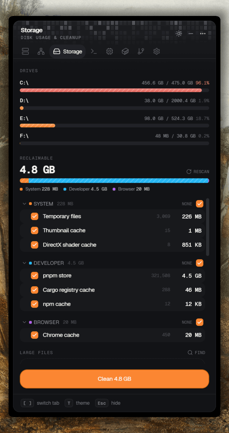 Tray Stack popover — the Storage tab, showing drive usage and reclaimable disk space ready to clean